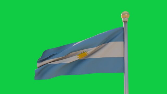 Gusting wind pushing Argentina flag right, crest folding at pole, showing cloth motion, transparent