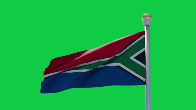 Gusts lifting South African flag billowing, rippling left on transparent background showing motion