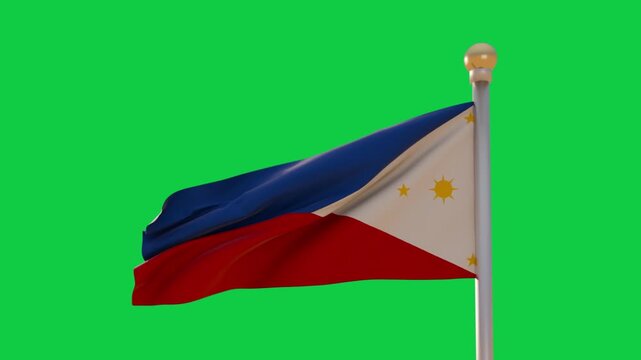 Philippine flag fluttering on pole, responding to steady breeze, rippling on transparent backdrop