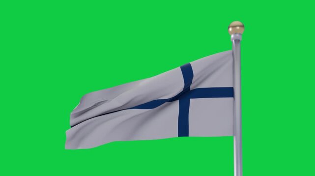 White flag with blue cross waving from gusting wind on transparent bg, pole showing fabric motion