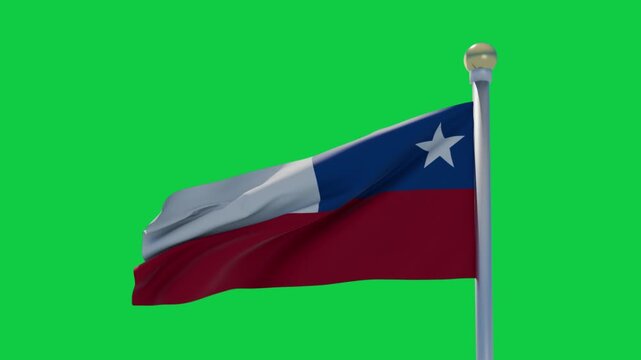 Simulated wind starting, Chilean flag 3D waving along, star rotating, showing fabric, transparent
