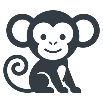 Minimalist vector illustration of a cute sitting monkey with large ears and a curled tail