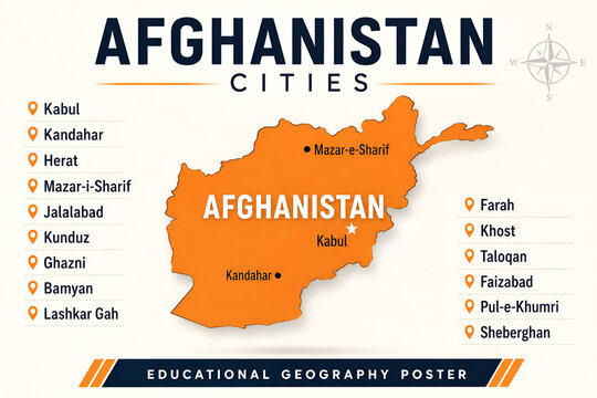 Afghanistan Cities Map Educational Geography Poster with Major Cities and Capital