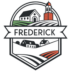 Obraz premium Vintage Frederick Maryland Emblem Logo Design with Historic Church, Clustered Spires, and Rolling Agricultural Hills - Vector Illustration