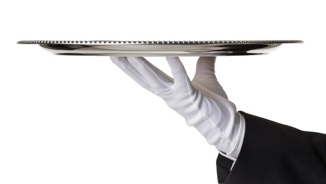 Isolated gloved hand of a butler or waiter holding an elegant empty polished silver tray
