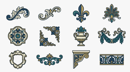 Modern Elegant Ornamental Designs Collection Featuring Intricate Floral Fleurs de lis and Classical Motifs in Gold and Navy Blue © Zaki