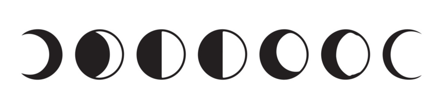 Set of eight black moon phases icons isolated on transparent background vector illustration.