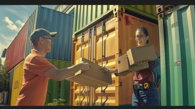 Logistics workers exchange cardboard packages in front of large colorful shipping containers at an industrial depot.