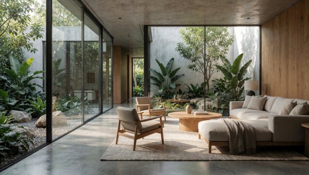 Modern living room high ceiling large windows offer greenery outside furnished beige sofa armchairs wooden cof