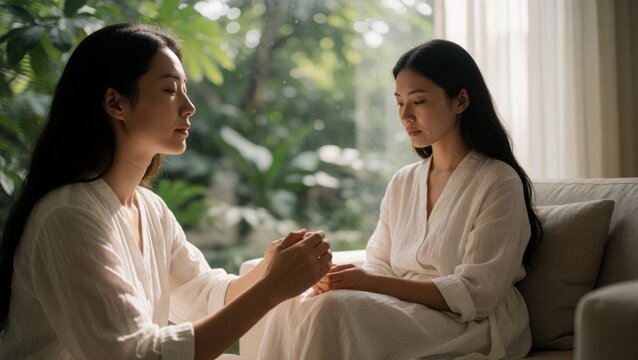 Young women sitting couch room large window background both wearing white robes appear engaged conversation wo