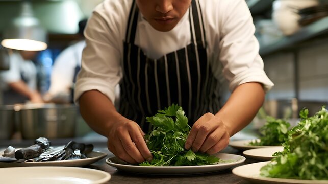 A professional chef thoughtfully arranges fresh herbs on a plate amidst restaurant tools showcasing culinary ry