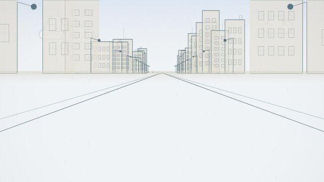 Cartoon line art animation of an empty city street with sketch buildings in the rain