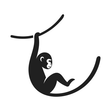 Minimalist black silhouette of a playful monkey hanging from a curved vine in simple vector style