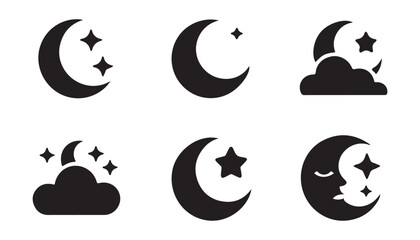 Set of six flat night icons with moons and clouds for weather forecasting and astronomy projects. © StockDesign