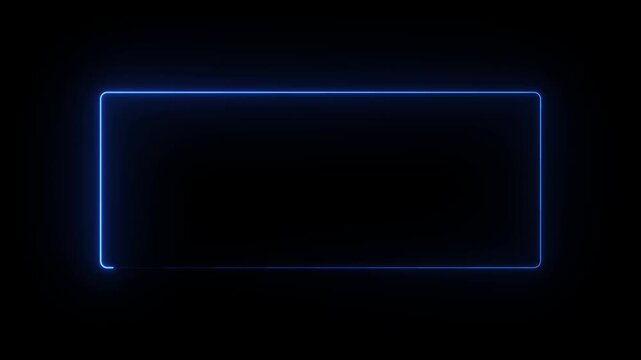 Blue neon glowing rectangle light frame rotating on black background motion clip.