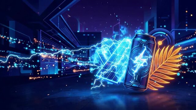 Futuristic energy drink can powered by glowing solar panels in cyberpunk cityscape. Sustainable tech innovation and refreshment concept for advertising