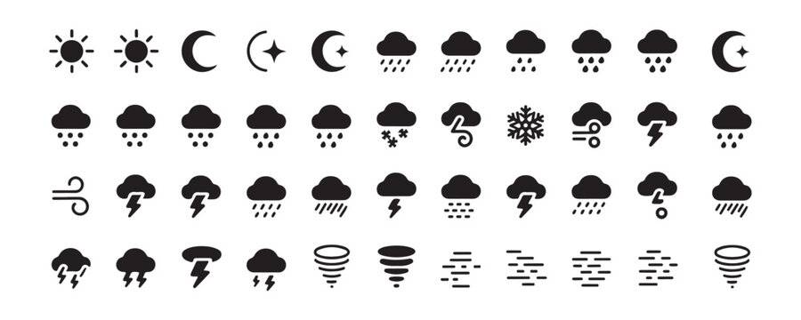 Complete collection of forty two weather icons including clouds rain snow sun moon and tornados now.