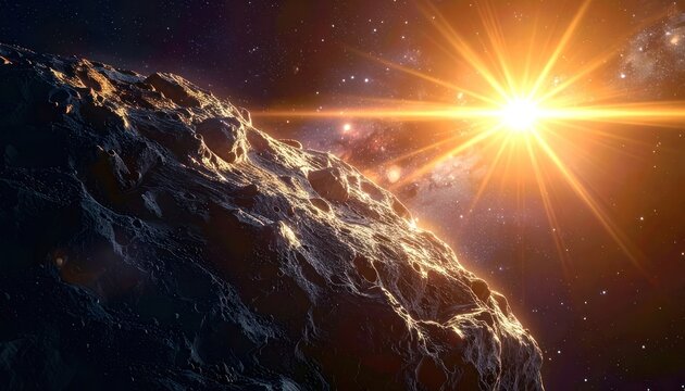 A celestial scene featuring a rocky asteroid illuminated by a brilliant star in the vastness of space.