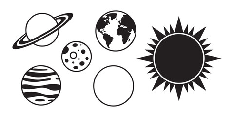 Set of six planetary icons featuring saturn globe and sun isolated on checkered background design. © StockDesign