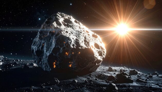 A large asteroid with glowing orange fissures rests on a rocky surface in outer space, illuminated by a brilliant sun.