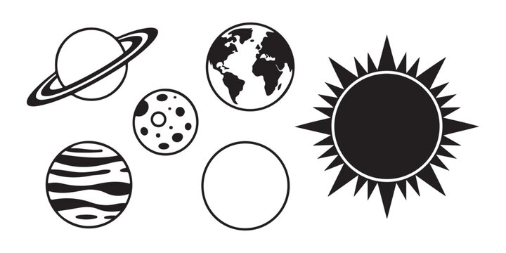 Set of six planetary icons featuring saturn globe and sun isolated on checkered background design.