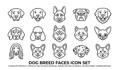 Fototapeta premium Dog breed faces icon set minimalist line art vector illustration