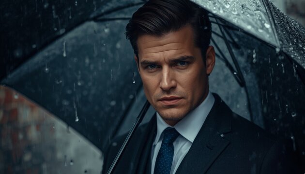 There is a man in a suit holding an umbrella in the rain