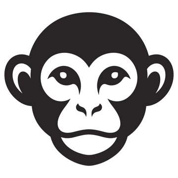Minimalist black and white vector illustration of a stylized monkey head facing directly forward design