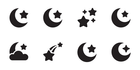Set of black moon and stars icons with various arrangements, including shooting star and clouds. © StockDesign