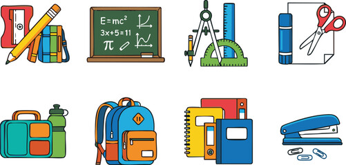 Vector school supplies and classroom stationery collection icon set with backpack math blackboard and rulers © Raju