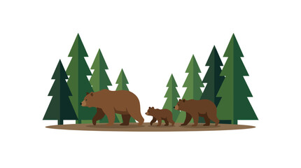 Grizzly Bear Family Forest Vector Illustration © Indah