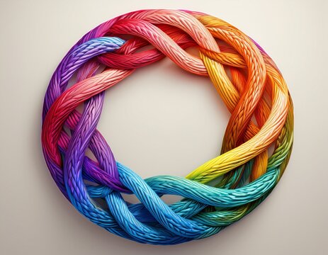 vibrant multicolored braided rope circle loop on a light background symbolizing unity and connection