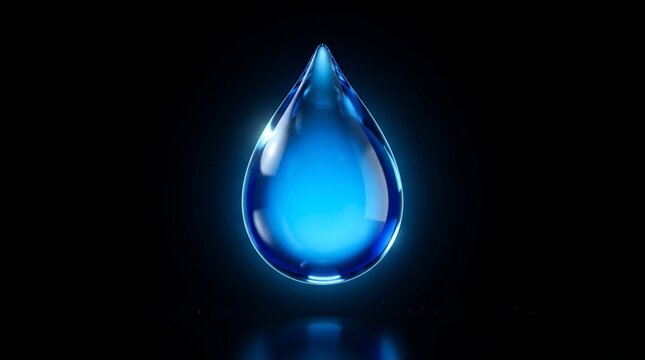 Single blue water drop on black background