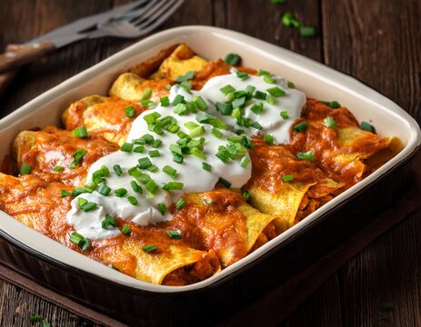 vertical format delicious homemade chicken enchiladas topped with sour cream and green onions in a baking dish on a dark wooden table
