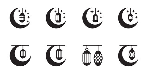 Set of black islamic lanterns and crescent moon with stars ramadan kareem celebration symbols. © StockDesign