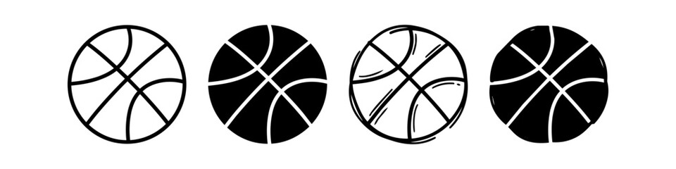 Set of four black and white basketball icons in various styles, including line art, solid, and hand-drawn doodles for sports design. © Nort Kor