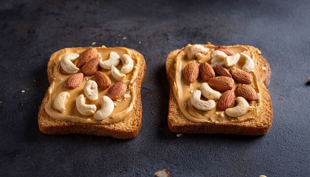 two open faced peanut butter sandwiches topped with cashew nuts and almonds on a dark textured surface studio shot