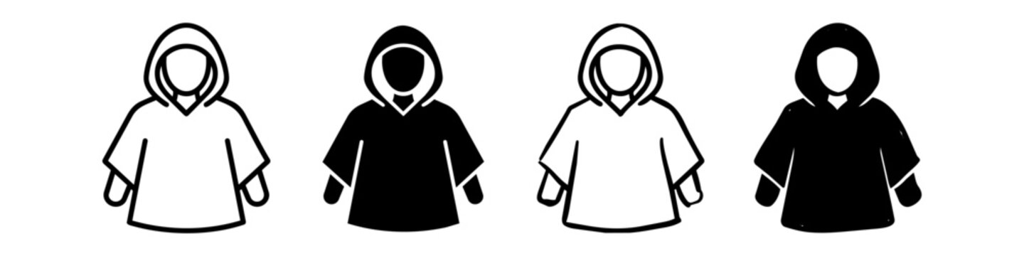 Minimalist hooded poncho icons in line art and solid silhouette styles for travel, fashion, and weather design elements.