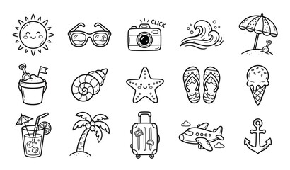 Fototapeta premium Summer vacation doodles collection hand drawn icons for travel and leisure