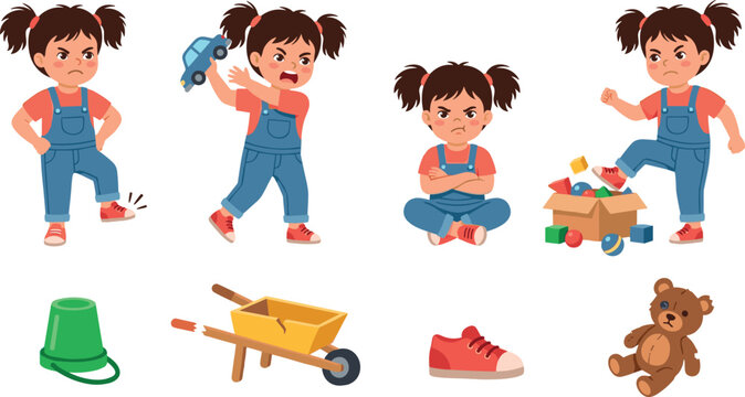 Angry Little Girl Throwing Tantrum Vector Character Set Featuring Toddler Stomping, Kicking Toys, Pouting, Throwing Car, and Broken Playroom Objects for Parenting Concepts