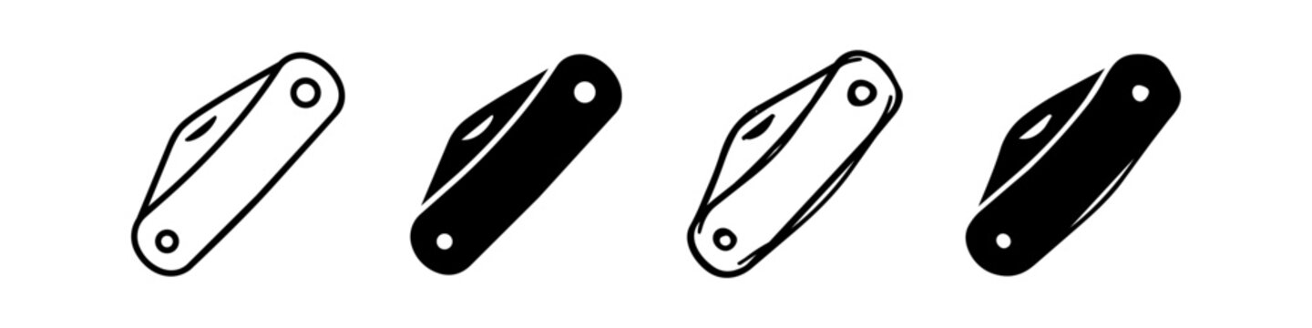 Four pocket knife icons in outline, solid, and hand-drawn styles. Perfect for camping, EDC, and outdoor gear designs. Minimalist black and white vector graphics.