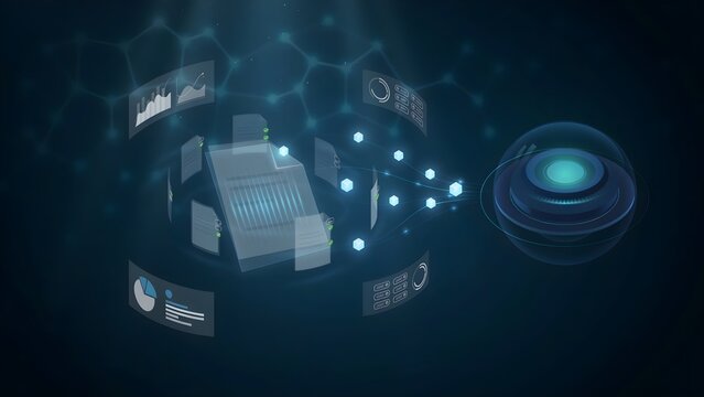Automated document processing system extracting information from digital files, AI-powered office workflow, clean corporate design