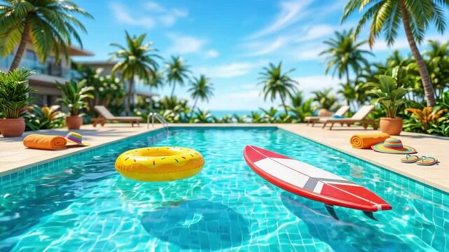 Tropical pool with floating donut ring and surfboard. Luxury resort scene with palm trees lounge chairs and ocean view. Summer vacation relaxation concept