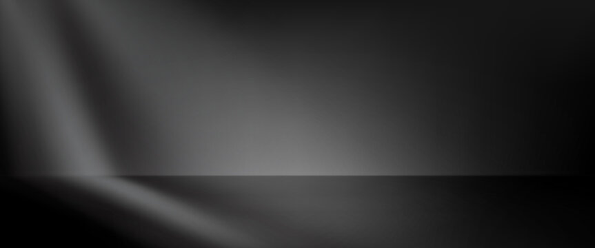 Empty limbo grey background for black podium on bg. Gray spot on stone studio floor with dark wall backdrop abstract 3d. Texture minimal area display with shadow perspective scene banner