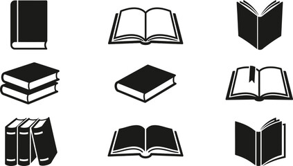 A collection of various book icons displayed in a grid format featuring open closed stacked and upright styles in minimalist black silhouette © Konok