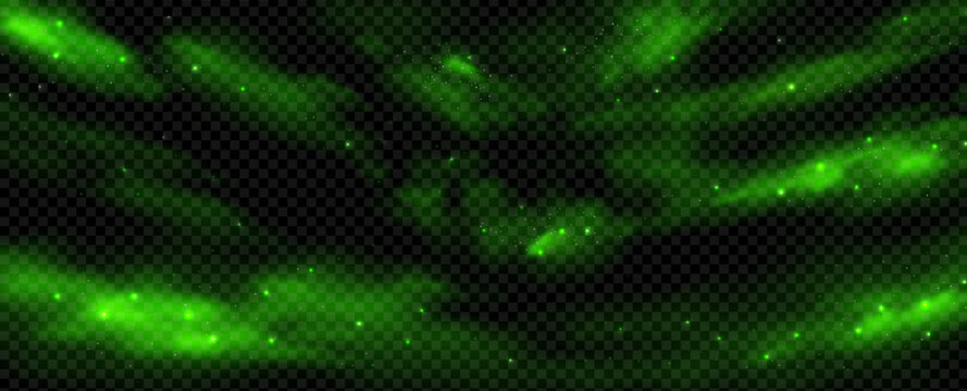Green magic smell with poison smoke cloud background with sparkle effect. Particle fog halloween powder light gas trail vector. Spooky flame with neon flare of chemical trash. Stink smog frame flow