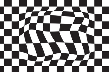 Obraz premium Trippy checkerboard background, wavy checker pattern, optical illusion. Vector seamless black and white swirl. Abstract distorted psychedelic texture, geometric ornament, monochrome chessboard print