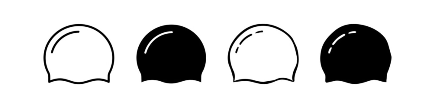 Set of minimalist swimming cap icons in outline and solid black styles. Professional vector graphics for sports, pool equipment, and aquatic activity UI design.