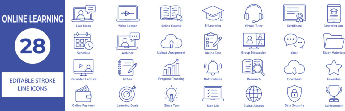 Online Learning Vector Outline Icons Set &ndash; E-Learning, Virtual Education and Digital Classroom Line Symbols Collection
