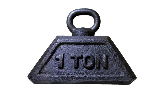 Isolated heavy dark cast iron 1 ton weight with handle, rustic industrial measurement tool